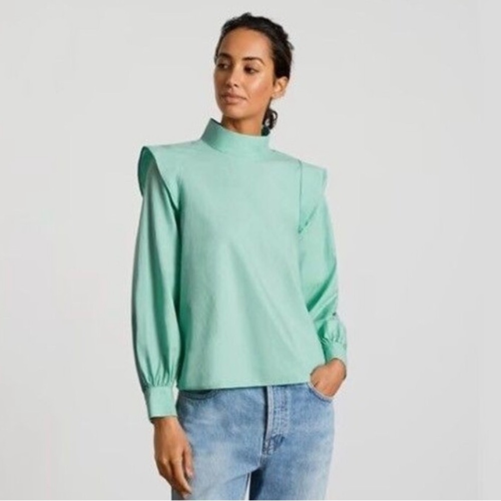 NWT EVERLANE Mock Neck Wing Shoulder Blouse Pastel Green Size 2 Spring Top
